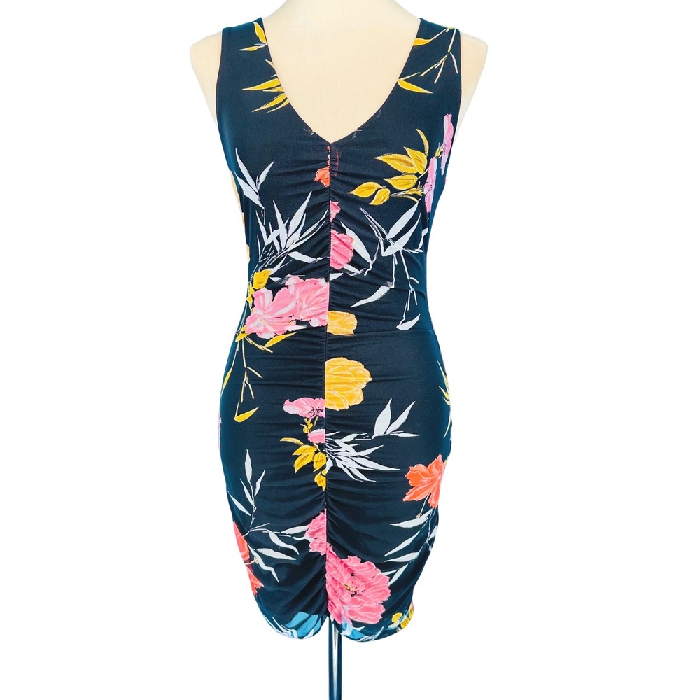 GUESS Womens Gabriella Black Floral Mesh Ruched Bodycon Tie Back‎ Dress Resort